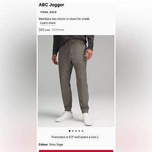 Men’s Lululemon ABC joggers in Grey Sage